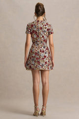 Eira | Red Floral Embellished Sequin Crew-Neck Mini Dress