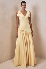 Cala | Lemon Satin Plunge-Neck Maxi Dress With Bow-Sleeves