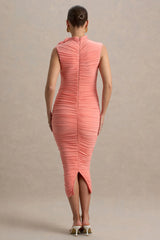 Shellie | Coral High-Neck Maternity Midi Dress With Corsage Detail