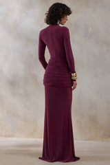 Solarium | Burgundy Long-Sleeve Maxi Dress With Gold Detail