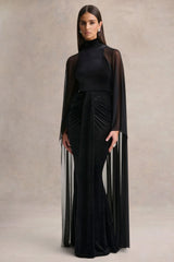 Adoring | Black Velvet High-Neck Maxi Dress With Cape