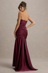 Cassidy | Burgundy Satin Bandeau Gathered Maxi Dress