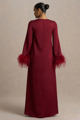 Adella | Burgundy Satin Feather-Trim Maxi Dress