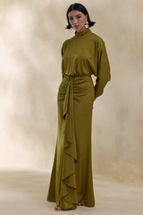 Perla | Olive High-Neck Maxi Dress With Gathered-Detailing
