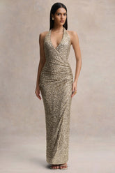 Gio | Champagne Sequin Plunge-Neck Wrap Maxi Dress With Ruched Detailing