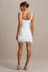 Rosalinda | White Sequin Square-Neck Mini Dress With Feather Trim