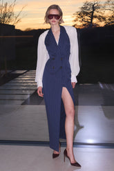 Eve | Navy Pinstripe Plunge-Neckline Tailored Maxi Dress