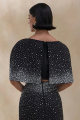 Luxy | Black Embellished Boat-Neck Crop-Top With Cape-Sleeves
