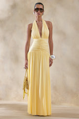 Bettina | Lemon Plunge-Neck Maxi Dress With Gathered-Detailing