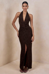 Ocealla | Brown Lace Plunge-Neck Maxi Dress With Gathered-Detailing