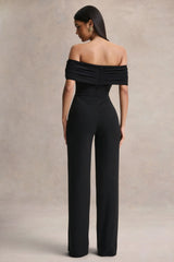 Kalida | Black Bardot-Neck Jumpsuit With Sash-Detail