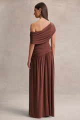 Emberly | Brown Draped Asymmetric-Neck Maxi Dress With Drop-Waist