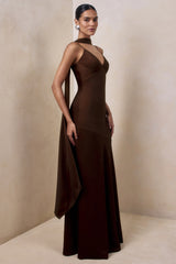 Starling | Brown Satin Plunge-Neck Maxi Dress With Scarf-Detail
