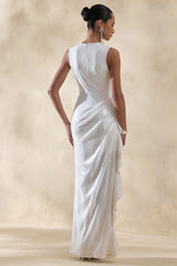 Ada | White Crew-Neck Maxi Dress With Sheer Skirt And Ruffled Detailing