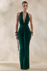 Lesley | Bottle Green Plunge-Neck Maxi Dress