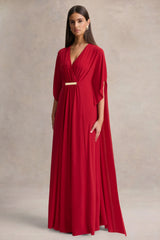 Romilly | Red Plunge-Neck Maxi Dress With Gathered Detail