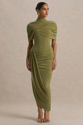 Enchant | Olive Asymmetric Twisted Cape Midi Dress