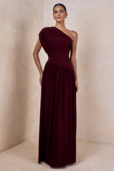 Kelsey | Burgundy Asymmetric-Neck Maxi Dress With Ruched Detailing