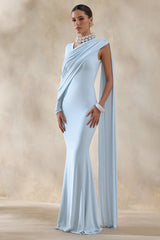 Rubelle | Powder Blue Asymmetric-Neck Maxi Dress With Draped-Detailing