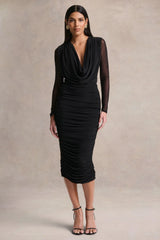 Griselda | Black Plunge-Neck Midi Dress With Sheer Long-Sleeves