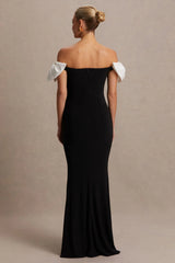 Didi | Black & White Bardot Bow Detail Maternity Maxi Dress