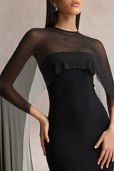 Filippa | Black Crew-Neck Midi Dress With Sheer Cape-Sleeves