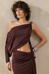 Layla | Brown Asymmetric-Neck Wrap Maxi Dress With Body Cut-Out And Ruched Detailing