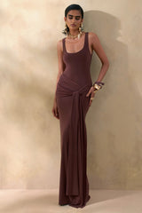 Lienna | Brown Scoop-Neck Maxi Dress With Gathered-Detail And Sash