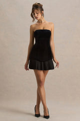 Valentina | Black Velvet Bandeau Mini Dress With Pleated Detailing