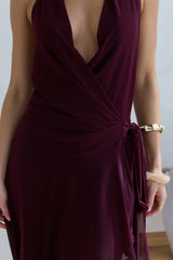 Starry Dreams Halter Mesh Mini Dress Burgundy