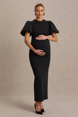 Luna | Black Crew-Neck Maternity Midi Dress With Puff-Sleeves
