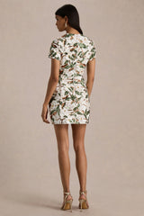 Ophelia | White And Green Embellished Sequin Floral And Mesh Mini Dress With Short Sleeves