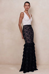 Isoria | Black And White Lace Halter-Neck Maxi Dress With Bow-Belt Detail