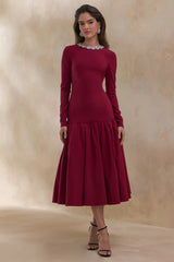 Jovana | Burgundy Hand-Embellished Crew-Neck Midi Dress With Drop Waist