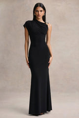 Blaire | Black Asymmetric-Neck Maxi Dress With Gold-Detailing