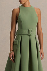 Elisia | Olive Crew-Neck Belted Midi Dress