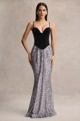 Aeris | Black Velvet And Silver Sequin Plunge-Neck Maxi Dress