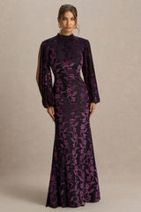 Janet | Black And Purple Devore High-Neck Maxi Dress With Cut-Out Details