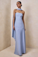 Charly | Powder Blue Satin Bandeau Maxi Dress With Scarf-Detail