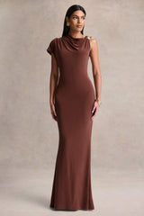 Blaire | Brown Asymmetric-Neck Maxi Dress With Gold-Detailing