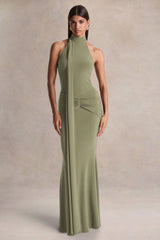 Hyla | Green High-Neck Maxi Dress With Sash-Detail