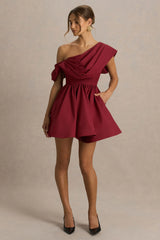 Verona | Burgundy Draped Asymmetric-Neck Skater Mini Dress