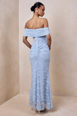 Elinor | Powder Blue Lace Bardot-Neck Maxi Dress With Gathered-Detailing