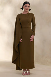 Jovea | Olive Round-Neck Maxi Dress With Cape-Sleeve