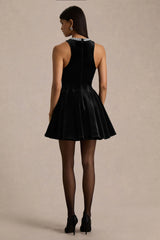Meva | Black Velvet Hand-Embellished High-Neck Mini Dress