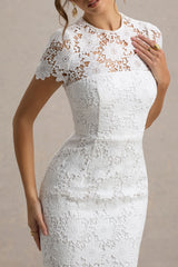 Clarissa | White Lace Crew-Neck Short-Sleeve Midi Dress
