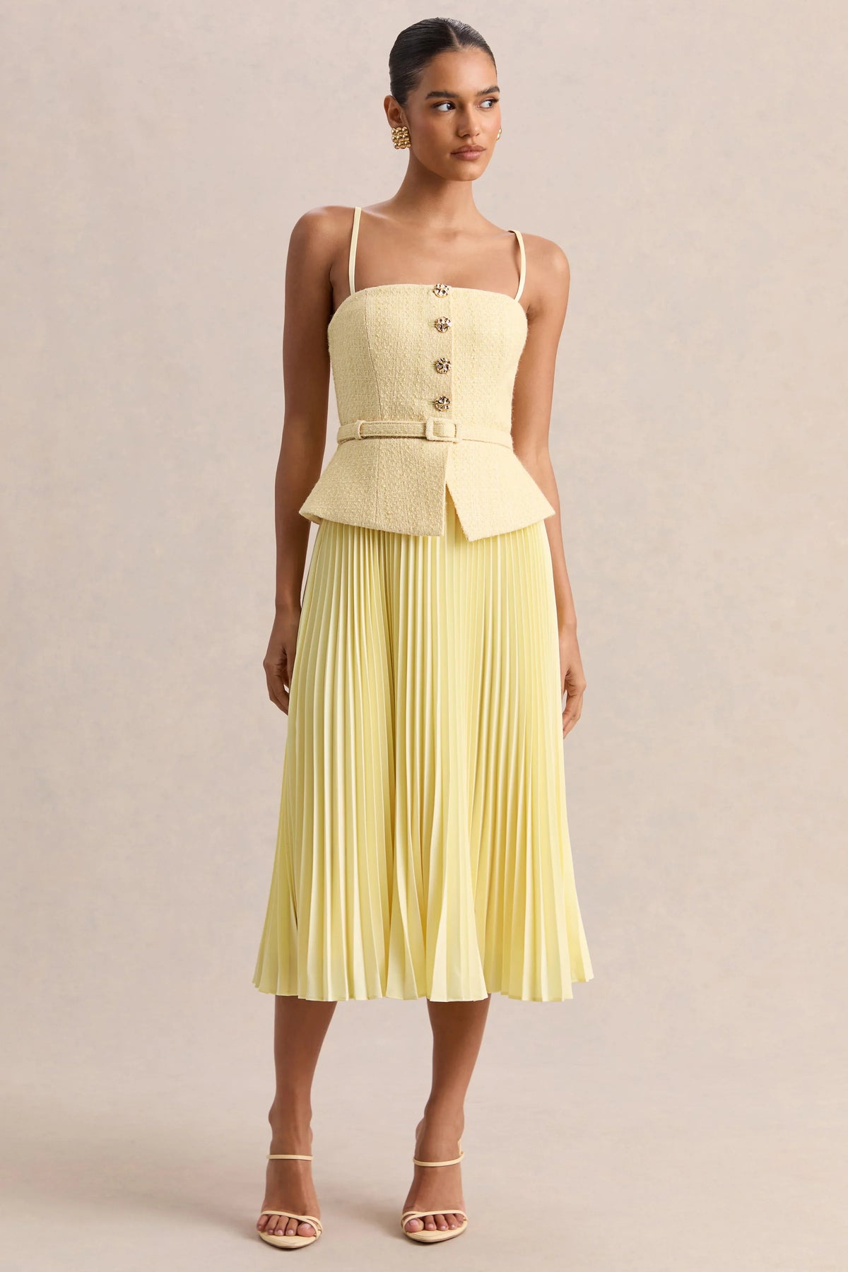 Lizzy | Lemon Square-Neck Midi Dress With Pleated-Skirt