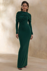 Evessa | Dark Green High-Neck Maxi Dress With Gathered-Detailing