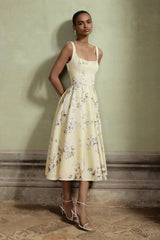 Lissa | Lemon Floral Bouquet Print Square-Neck Midi Dress