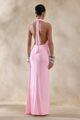 Rosina | Pink Halter-Neck Draped Maxi Dress With Sash